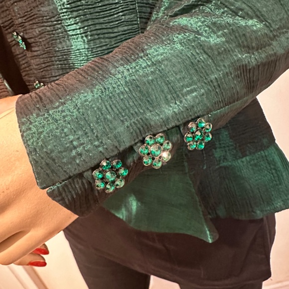 Frascara Fancy Sequin buttons Peacock Green Jacquard silk jacket Size 8 - Picture 2 of 6